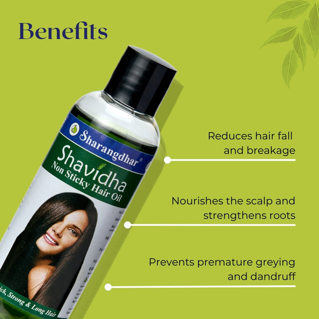 Sharangdhar Shavidha hair oil bottle with benefits listed on a green background