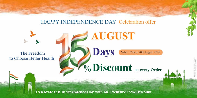 Independence Day promotional banner with orange, white, and green flag-inspired graphics, the text 'Happy Independence Day Celebration offer,' '15 Days % Discount on every Order,' and small illustrations of birds, a flag, an arch, and a temple.
